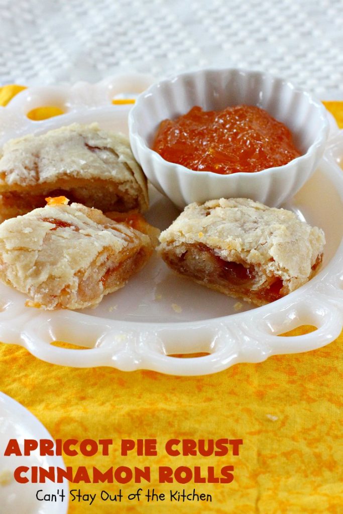Apricot Pie Crust Cinnamon Rolls | Can't Stay Out of the Kitchen | these fantastic #CinnamonRolls are made with #PieCrust & #ApricotJam. They're really spectacular for a weekend, company or #holiday #breakfast. Every bite will have you drooling! #cinnamon #HolidayBreakfast #Christmas #NewYearsDay #ApricotPieCrustCinnamonRolls