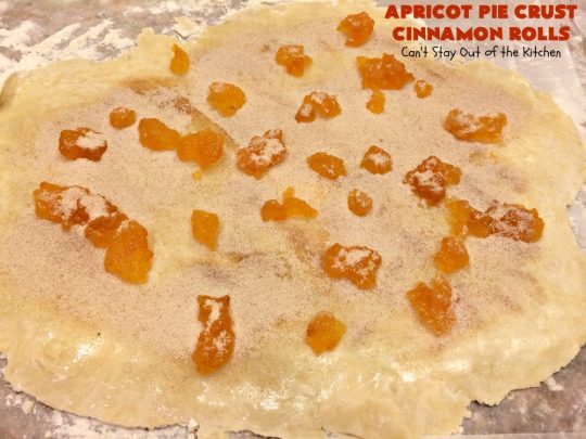 Apricot Pie Crust Cinnamon Rolls | Can't Stay Out of the Kitchen | these fantastic #CinnamonRolls are made with #PieCrust & #ApricotJam. They're really spectacular for a weekend, company or #holiday #breakfast. Every bite will have you drooling! #cinnamon #HolidayBreakfast #Christmas #NewYearsDay #ApricotPieCrustCinnamonRolls