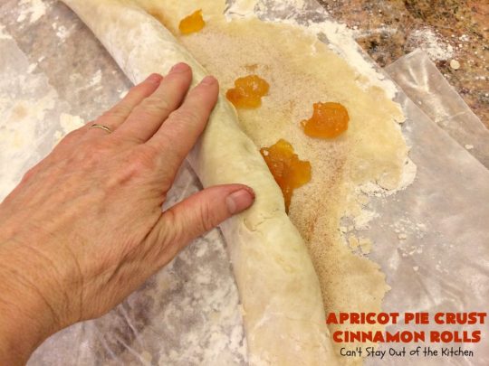 Apricot Pie Crust Cinnamon Rolls | Can't Stay Out of the Kitchen | these fantastic #CinnamonRolls are made with #PieCrust & #ApricotJam. They're really spectacular for a weekend, company or #holiday #breakfast. Every bite will have you drooling! #cinnamon #HolidayBreakfast #Christmas #NewYearsDay #ApricotPieCrustCinnamonRolls