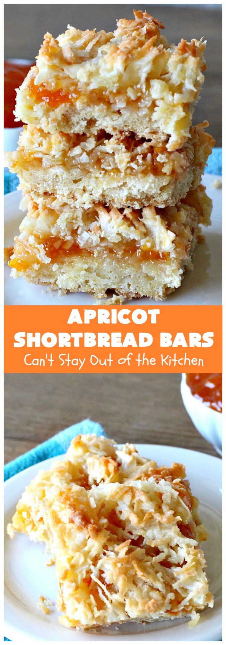 Apricot Shortbread Bars | these luscious #cookies have a #shortbread crust, spread with #Apricot jelly & topped with a scrumptious #coconut topping. Terrific for #tailgating parties, potlucks or #ChristmasCookieExchanges. #dessert #ApricotDessert #HolidayDessert #ApricotShortbreadBars