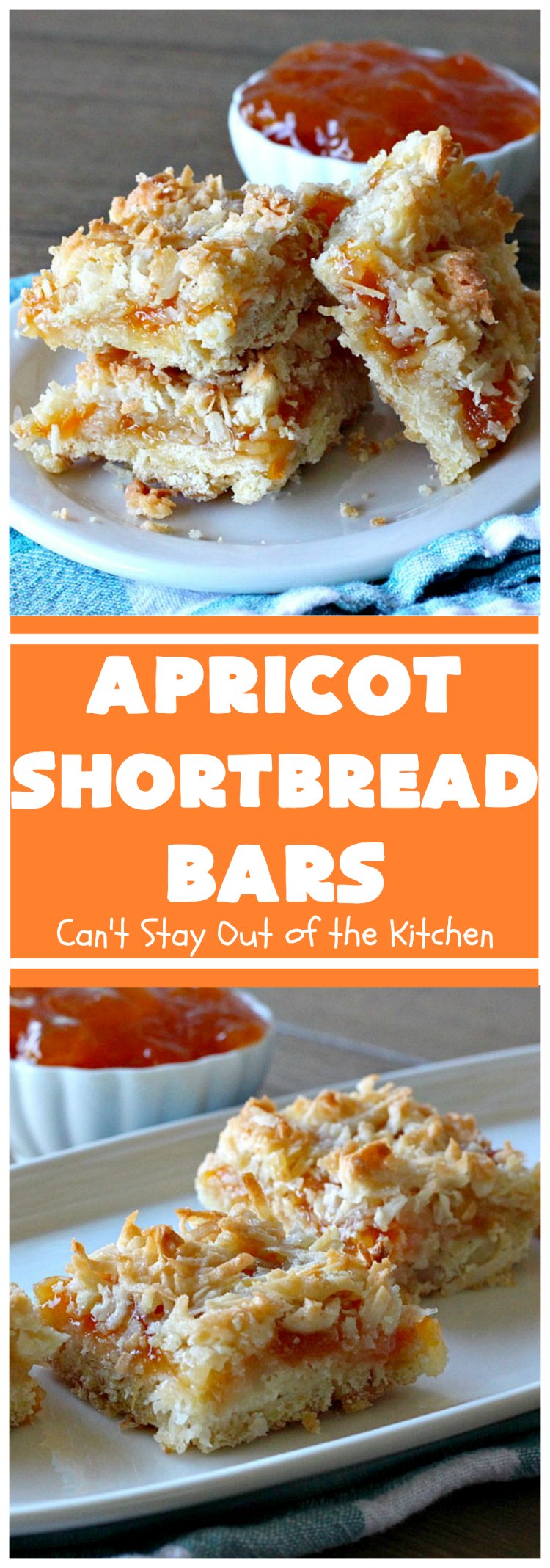 Apricot Shortbread Bars | these luscious #cookies have a #shortbread crust, spread with #Apricot jelly & topped with a scrumptious #coconut topping. Terrific for #tailgating parties, potlucks or #ChristmasCookieExchanges. #dessert #ApricotDessert #HolidayDessert #ApricotShortbreadBars