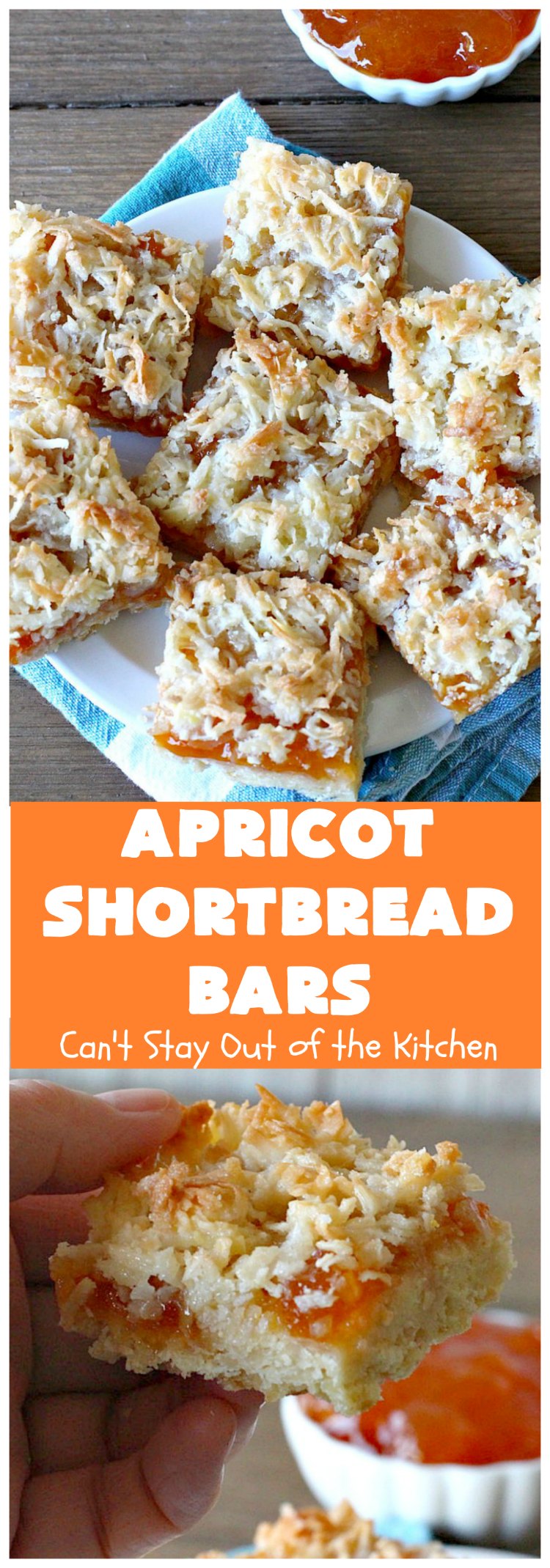 Apricot Shortbread Bars | these luscious #cookies have a #shortbread crust, spread with #Apricot jelly & topped with a scrumptious #coconut topping. Terrific for #tailgating parties, potlucks or #ChristmasCookieExchanges. #dessert #ApricotDessert #HolidayDessert #ApricotShortbreadBars