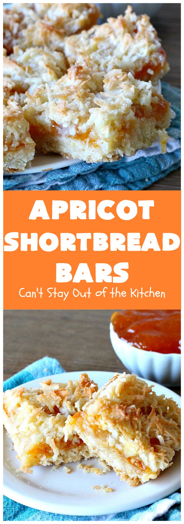 Apricot Shortbread Bars | these luscious #cookies have a #shortbread crust, spread with #Apricot jelly & topped with a scrumptious #coconut topping. Terrific for #tailgating parties, potlucks or #ChristmasCookieExchanges. #dessert #ApricotDessert #HolidayDessert #ApricotShortbreadBars