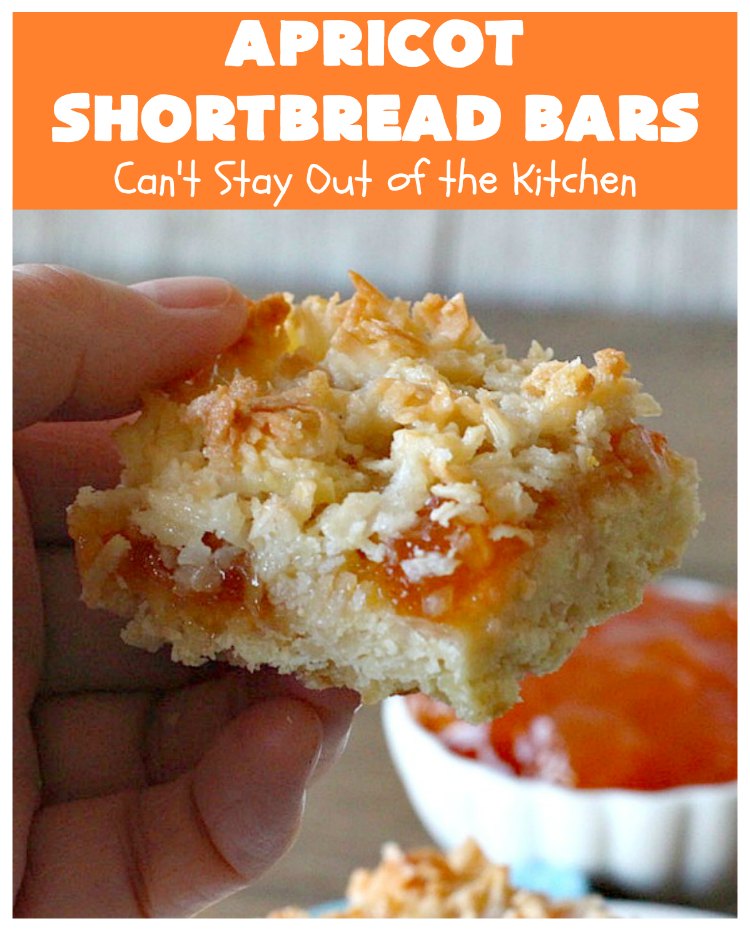 Apricot Shortbread Bars | these luscious #cookies have a #shortbread crust, spread with #Apricot jelly & topped with a scrumptious #coconut topping. Terrific for #tailgating parties, potlucks or #ChristmasCookieExchanges. #dessert #ApricotDessert #HolidayDessert #ApricotShortbreadBars
