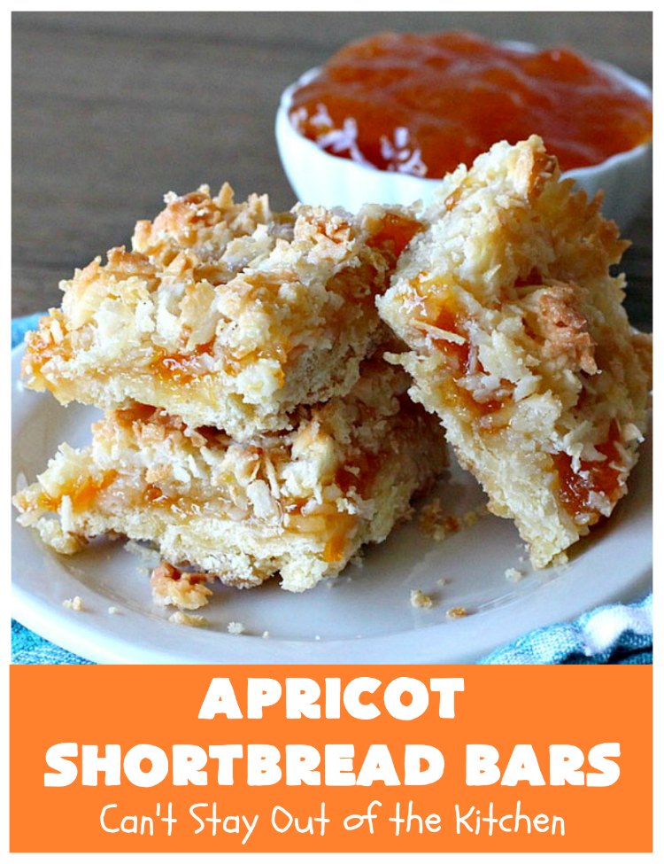 Apricot Shortbread Bars | these luscious #cookies have a #shortbread crust, spread with #Apricot jelly & topped with a scrumptious #coconut topping. Terrific for #tailgating parties, potlucks or #ChristmasCookieExchanges. #dessert #ApricotDessert #HolidayDessert #ApricotShortbreadBars