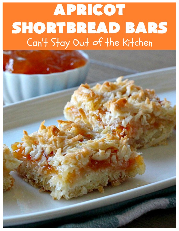 Apricot Shortbread Bars | these luscious #cookies have a #shortbread crust, spread with #Apricot jelly & topped with a scrumptious #coconut topping. Terrific for #tailgating parties, potlucks or #ChristmasCookieExchanges. #dessert #ApricotDessert #HolidayDessert #ApricotShortbreadBars