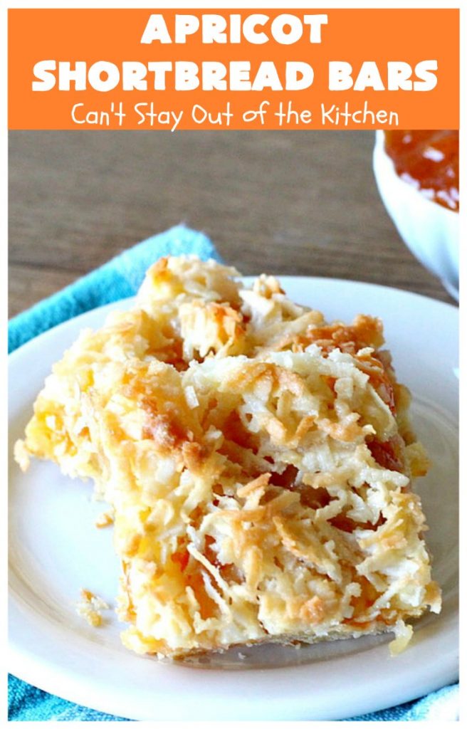 Apricot Shortbread Bars | these luscious #cookies have a #shortbread crust, spread with #Apricot jelly & topped with a scrumptious #coconut topping. Terrific for #tailgating parties, potlucks or #ChristmasCookieExchanges. #dessert #ApricotDessert #HolidayDessert #ApricotShortbreadBars