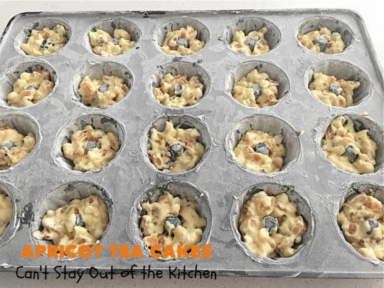Apricot Tea Cakes | Can't Stay Out of the Kitchen | these fabulous #TeaCakes include #apricots, vanilla chips, #walnuts , glazed icing & a #cherry on top! Marvelous for #holiday or #Christmas parties. Festive, elegant, beautiful! #dessert #ApricotDessert #ApricotTeaCakes