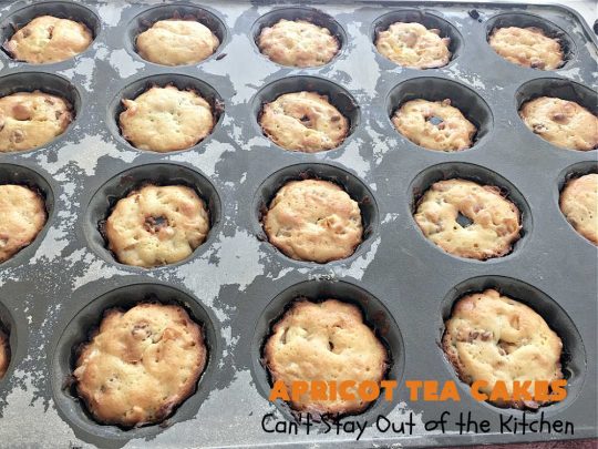 Apricot Tea Cakes | Can't Stay Out of the Kitchen | these fabulous #TeaCakes include #apricots, vanilla chips, #walnuts , glazed icing & a #cherry on top! Marvelous for #holiday or #Christmas parties. Festive, elegant, beautiful! #dessert #ApricotDessert #ApricotTeaCakes