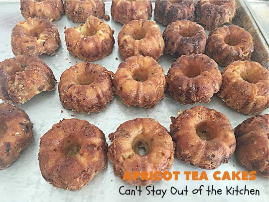 Apricot Tea Cakes | Can't Stay Out of the Kitchen | these fabulous #TeaCakes include #apricots, vanilla chips, #walnuts , glazed icing & a #cherry on top! Marvelous for #holiday or #Christmas parties. Festive, elegant, beautiful! #dessert #ApricotDessert #ApricotTeaCakes