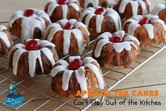 Apricot Tea Cakes | Can't Stay Out of the Kitchen | these fabulous #TeaCakes include #apricots, vanilla chips, #walnuts , glazed icing & a #cherry on top! Marvelous for #holiday or #Christmas parties. Festive, elegant, beautiful! #dessert #ApricotDessert #ApricotTeaCakes