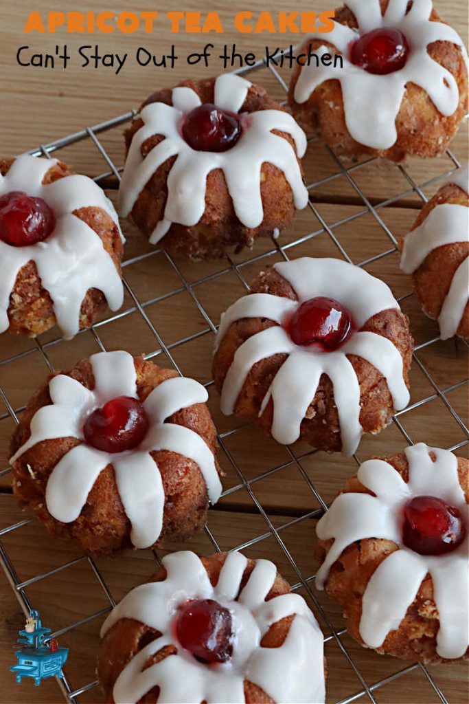 Apricot Tea Cakes | Can't Stay Out of the Kitchen | these fabulous #TeaCakes include #apricots, vanilla chips, #walnuts , glazed icing & a #cherry on top! Marvelous for #holiday or #Christmas parties. Festive, elegant, beautiful! #dessert #ApricotDessert #ApricotTeaCakes