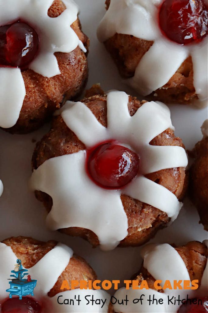 Apricot Tea Cakes | Can't Stay Out of the Kitchen | these fabulous #TeaCakes include #apricots, vanilla chips, #walnuts , glazed icing & a #cherry on top! Marvelous for #holiday or #Christmas parties. Festive, elegant, beautiful! #dessert #ApricotDessert #ApricotTeaCakes