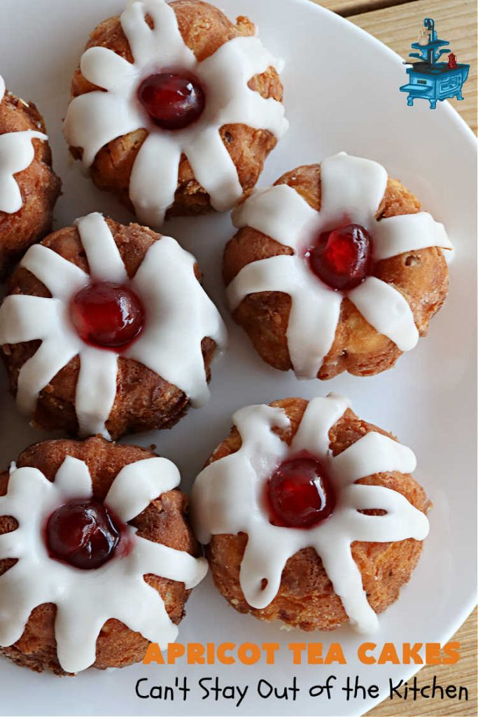 Apricot Tea Cakes | Can't Stay Out of the Kitchen | these fabulous #TeaCakes include #apricots, vanilla chips, #walnuts , glazed icing & a #cherry on top! Marvelous for #holiday or #Christmas parties. Festive, elegant, beautiful! #dessert #ApricotDessert #ApricotTeaCakes