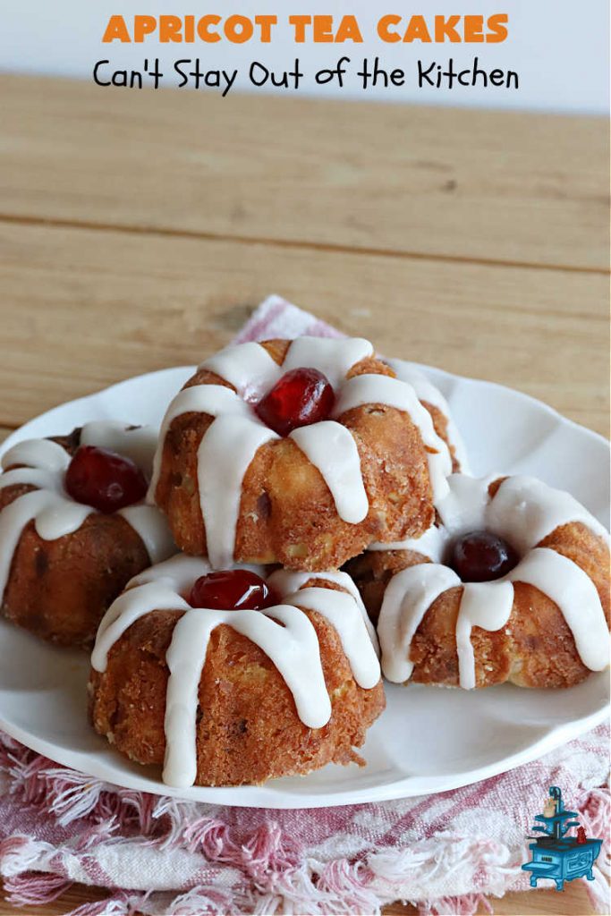 Apricot Tea Cakes | Can't Stay Out of the Kitchen | these fabulous #TeaCakes include #apricots, vanilla chips, #walnuts , glazed icing & a #cherry on top! Marvelous for #holiday or #Christmas parties. Festive, elegant, beautiful! #dessert #ApricotDessert #ApricotTeaCakes