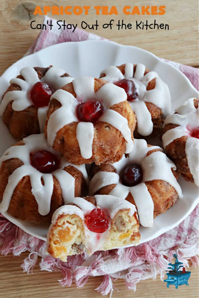 Apricot Tea Cakes | Can't Stay Out of the Kitchen | these fabulous #TeaCakes include #apricots, vanilla chips, #walnuts , glazed icing & a #cherry on top! Marvelous for #holiday or #Christmas parties. Festive, elegant, beautiful! #dessert #ApricotDessert #ApricotTeaCakes