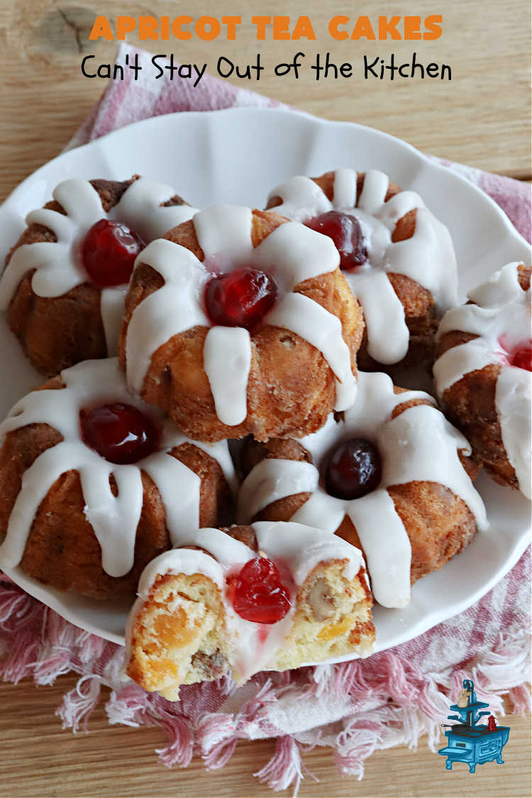 Apricot Tea Cakes | Can't Stay Out of the Kitchen | these fabulous #TeaCakes include #apricots, vanilla chips, #walnuts , glazed icing & a #cherry on top! Marvelous for #holiday or #Christmas parties. Festive, elegant, beautiful! #dessert #ApricotDessert #ApricotTeaCakes