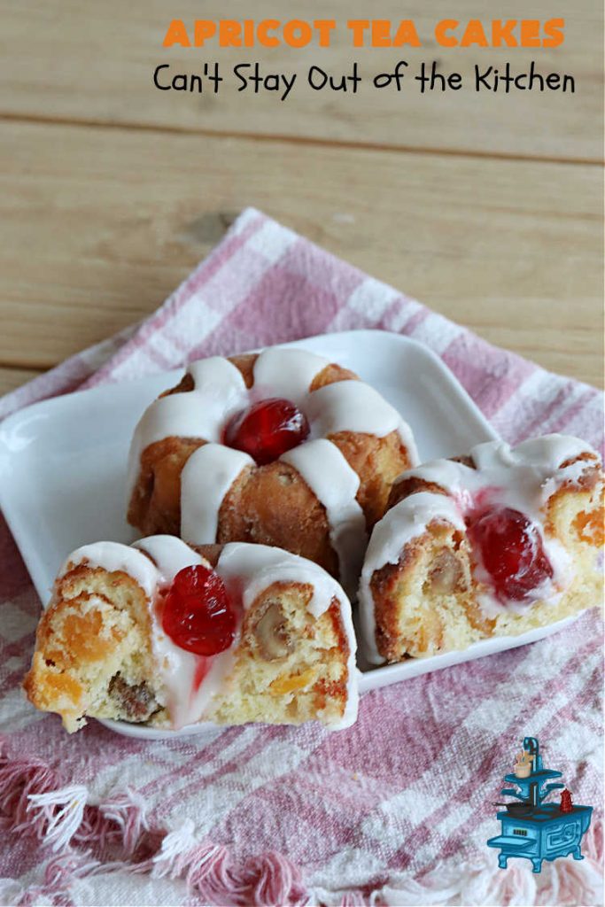 Apricot Tea Cakes | Can't Stay Out of the Kitchen | these fabulous #TeaCakes include #apricots, vanilla chips, #walnuts , glazed icing & a #cherry on top! Marvelous for #holiday or #Christmas parties. Festive, elegant, beautiful! #dessert #ApricotDessert #ApricotTeaCakes