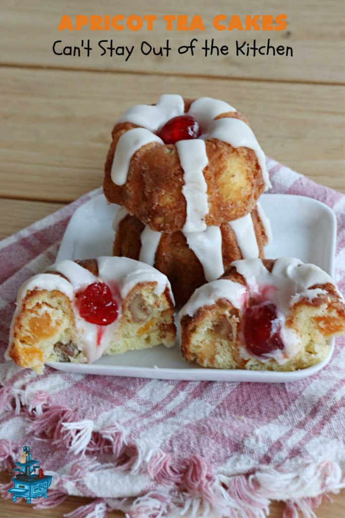 Apricot Tea Cakes | Can't Stay Out of the Kitchen | these fabulous #TeaCakes include #apricots, vanilla chips, #walnuts , glazed icing & a #cherry on top! Marvelous for #holiday or #Christmas parties. Festive, elegant, beautiful! #dessert #ApricotDessert #ApricotTeaCakesApricot Tea Cakes | Can't Stay Out of the Kitchen | these fabulous #TeaCakes include #apricots, vanilla chips, #walnuts , glazed icing & a #cherry on top! Marvelous for #holiday or #Christmas parties. Festive, elegant, beautiful! #dessert #ApricotDessert #ApricotTeaCakes