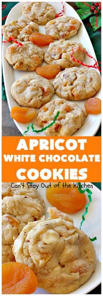 Apricot White Chocolate Cookies | Can't Stay Out of the Kitchen | these fantastic #cookies include dried #apricots, #almonds & white #chocolate chips. They're terrific for #holiday baking & #Christmas cookie exchanges. #dessert