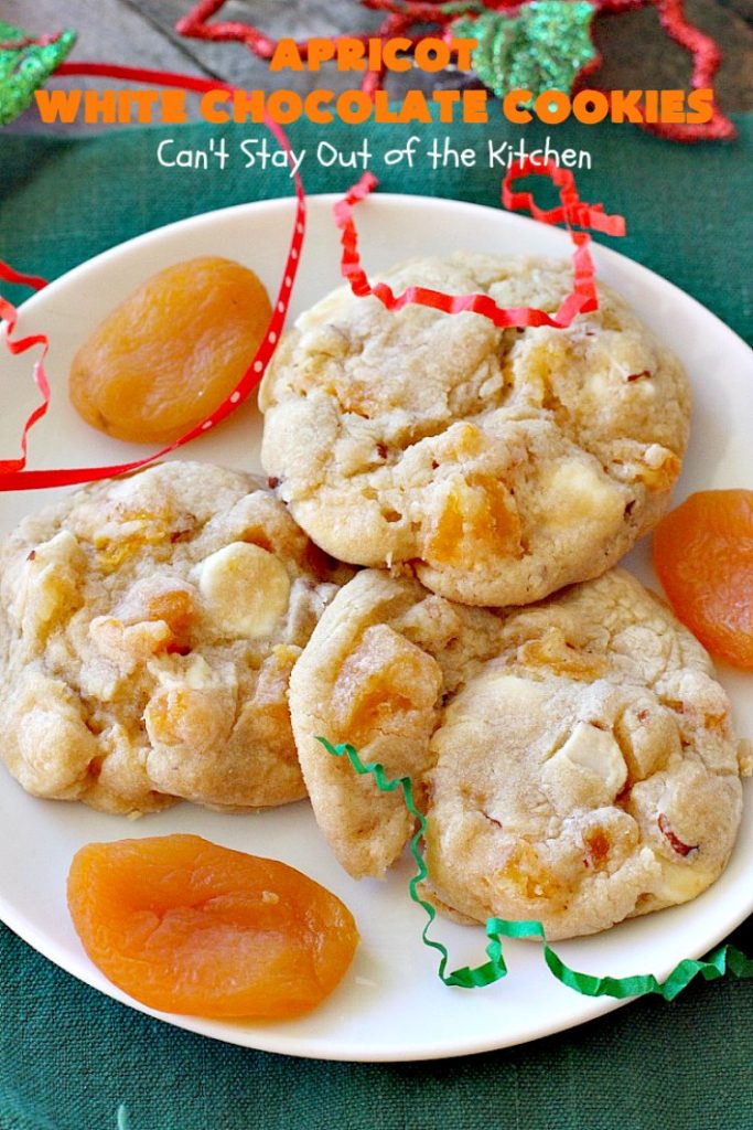Apricot White Chocolate Cookies | Can't Stay Out of the Kitchen | these fantastic #cookies include dried #apricots, #almonds & white #chocolate chips. They're terrific for #holiday baking & #Christmas cookie exchanges. #dessert