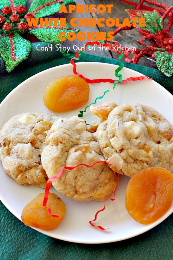 Apricot White Chocolate Cookies | Can't Stay Out of the Kitchen | these fantastic #cookies include dried #apricots, #almonds & white #chocolate chips. They're terrific for #holiday baking & #Christmas cookie exchanges. #dessert