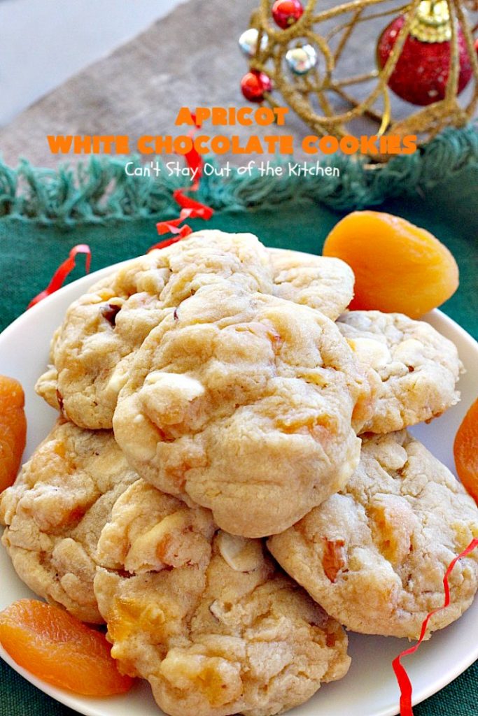 Apricot White Chocolate Cookies | Can't Stay Out of the Kitchen | these fantastic #cookies include dried #apricots, #almonds & white #chocolate chips. They're terrific for #holiday baking & #Christmas cookie exchanges. #dessert