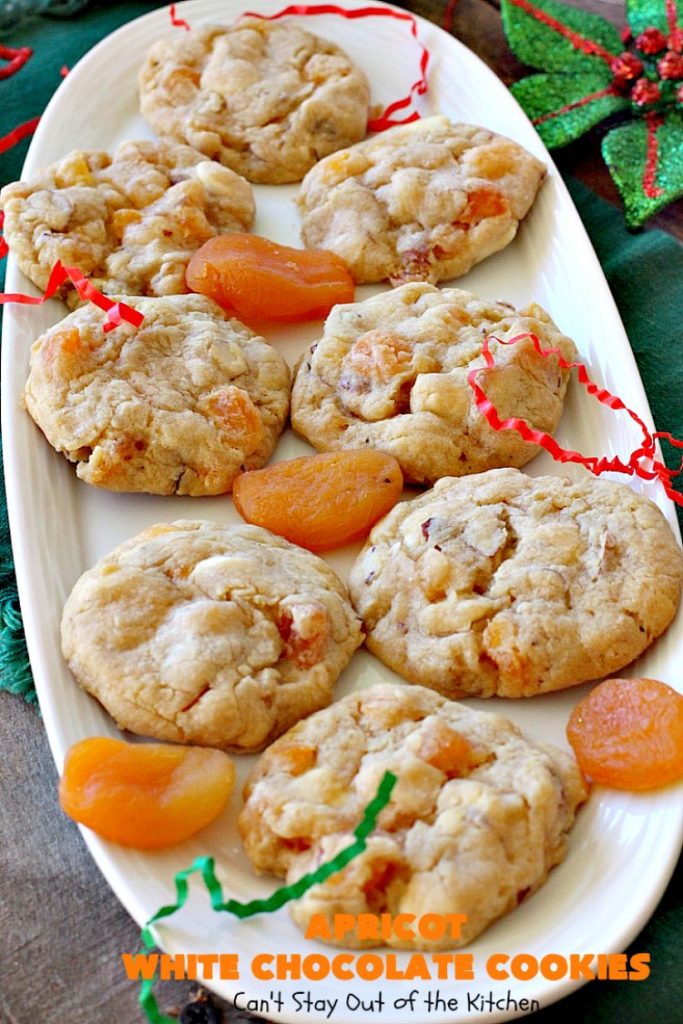 Apricot White Chocolate Cookies | Can't Stay Out of the Kitchen | these fantastic #cookies include dried #apricots, #almonds & white #chocolate chips. They're terrific for #holiday baking & #Christmas cookie exchanges. #dessert