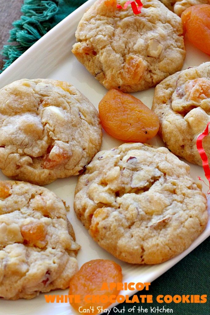 Apricot White Chocolate Cookies | Can't Stay Out of the Kitchen | these fantastic #cookies include dried #apricots, #almonds & white #chocolate chips. They're terrific for #holiday baking & #Christmas cookie exchanges. #dessert