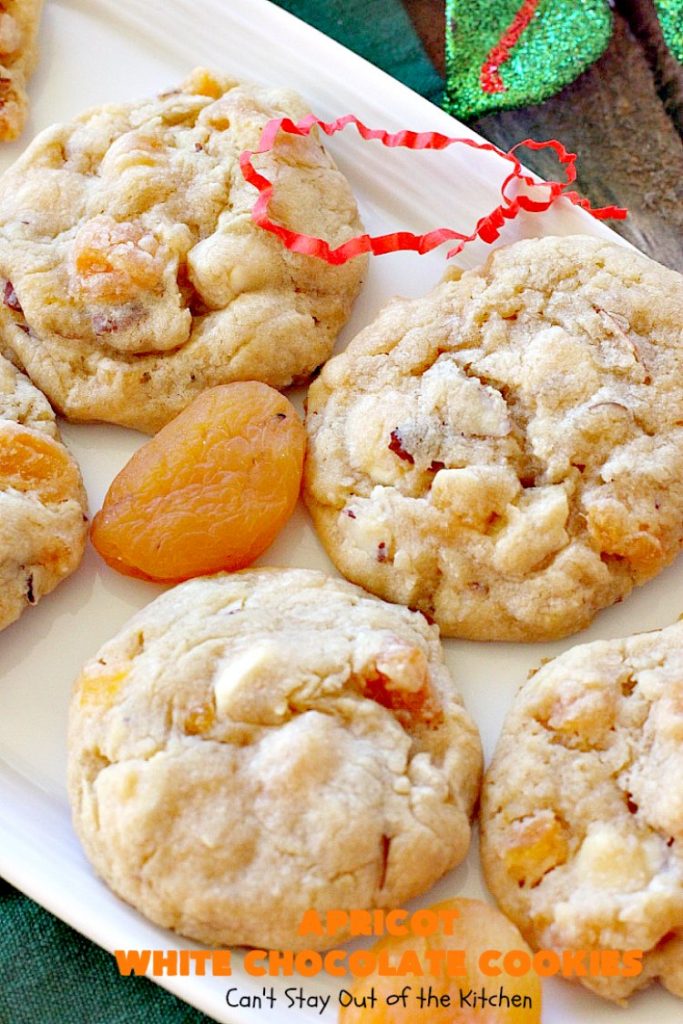 Apricot White Chocolate Cookies | Can't Stay Out of the Kitchen | these fantastic #cookies include dried #apricots, #almonds & white #chocolate chips. They're terrific for #holiday baking & #Christmas cookie exchanges. #dessert