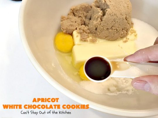 Apricot White Chocolate Cookies | Can't Stay Out of the Kitchen | these fantastic #cookies include dried #apricots, #almonds & white #chocolate chips. They're terrific for #holiday baking & #Christmas cookie exchanges. #dessert