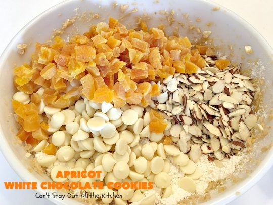 Apricot White Chocolate Cookies | Can't Stay Out of the Kitchen | these fantastic #cookies include dried #apricots, #almonds & white #chocolate chips. They're terrific for #holiday baking & #Christmas cookie exchanges. #dessert