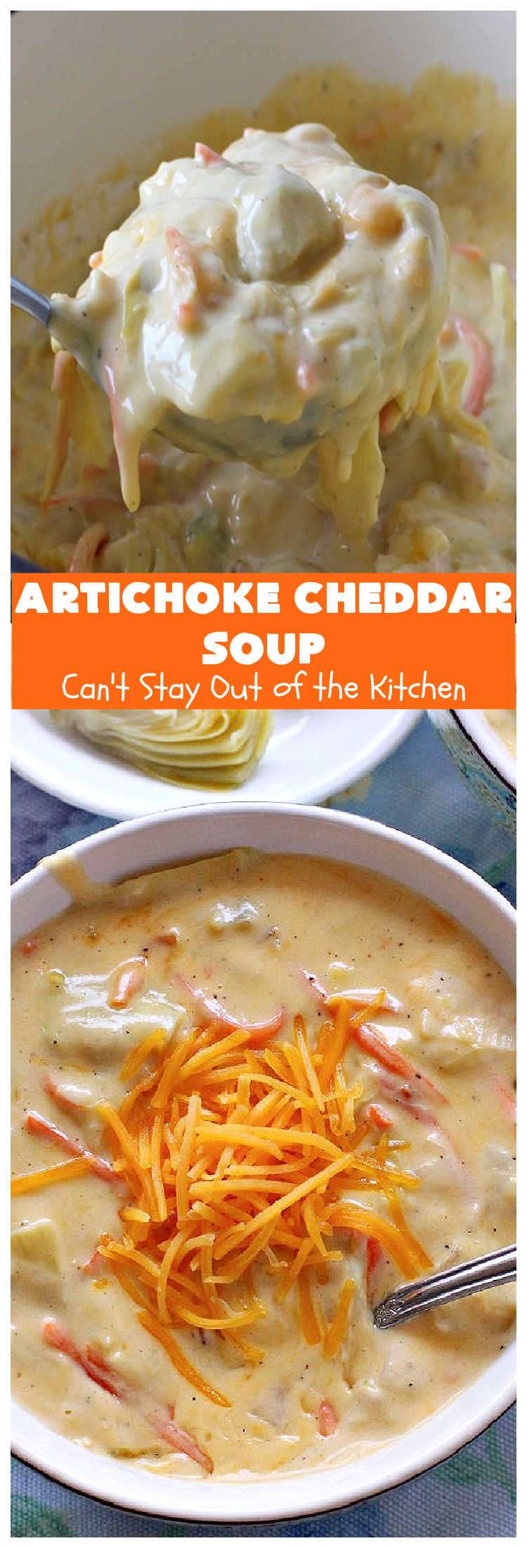 Artichoke Cheddar Soup | Can't Stay Out of the Kitchen | this #soup is comfort food at it's best & only takes 25 minutes to make! It's perfect for week nights now that the weather is turning cooler. #artichokes #cheddarcheese #GlutenFree #ArtichokeCheddarSoup