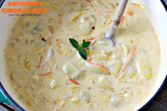 Artichoke Cheddar Soup | Can't Stay Out of the Kitchen | this #soup is comfort food at it's best & only takes 25 minutes to make! It's perfect for week nights now that weather is turning cooler. #artichokes #cheddarcheese #glutenfree