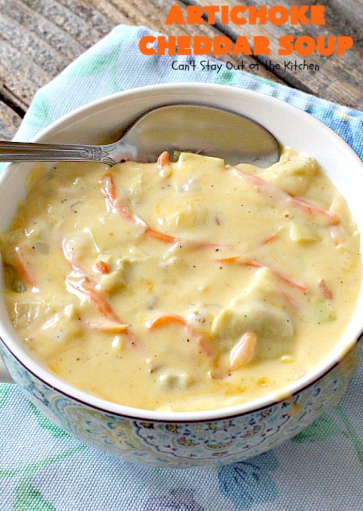Artichoke Cheddar Soup | Can't Stay Out of the Kitchen | this #soup is comfort food at it's best & only takes 25 minutes to make! It's perfect for week nights now that weather is turning cooler. #artichokes #cheddarcheese #glutenfree