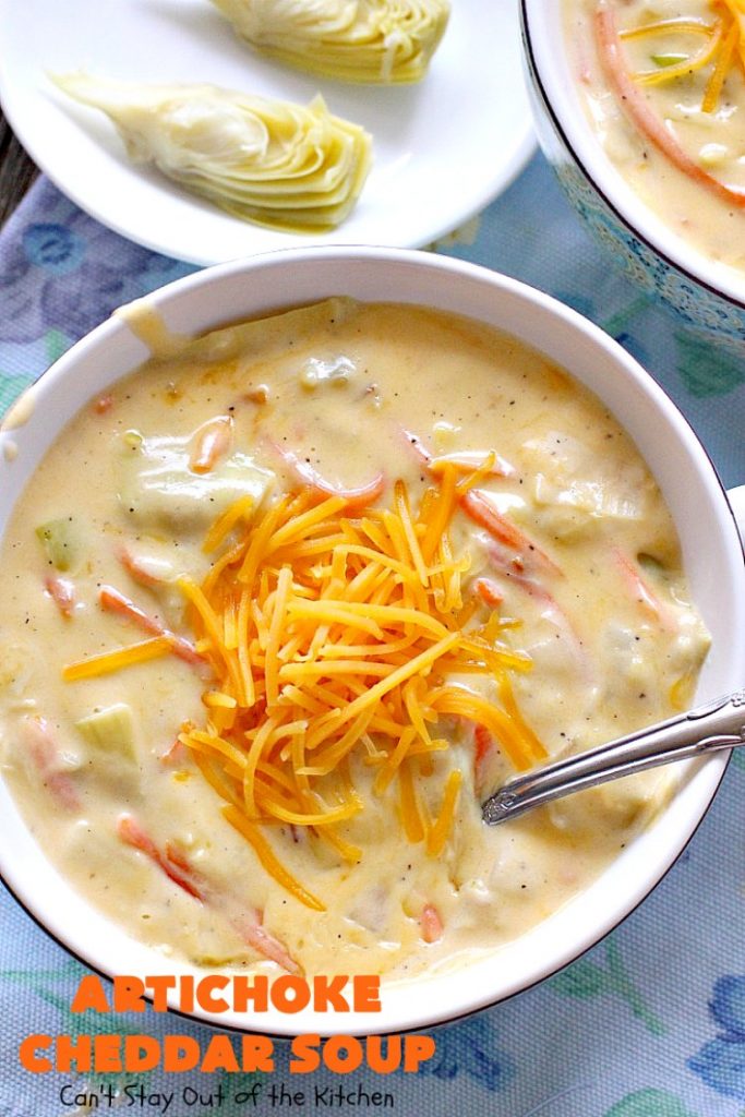 Artichoke Cheddar Soup | Can't Stay Out of the Kitchen | this #soup is comfort food at it's best & only takes 25 minutes to make! It's perfect for week nights now that weather is turning cooler. #artichokes #cheddarcheese #glutenfree
