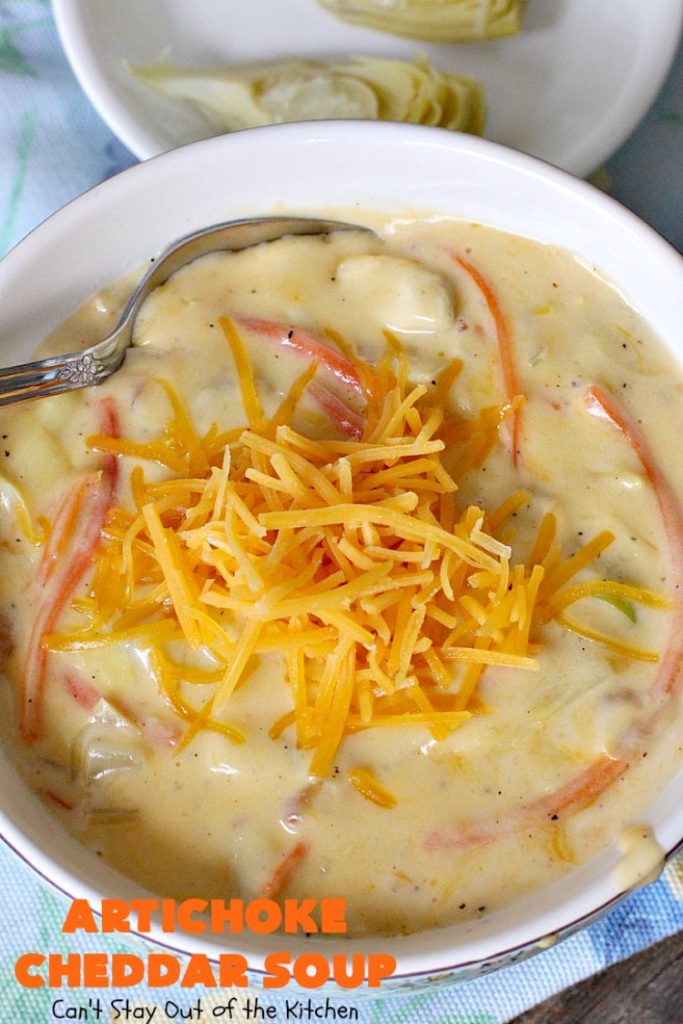Artichoke Cheddar Soup | Can't Stay Out of the Kitchen | this #soup is comfort food at it's best & only takes 25 minutes to make! It's perfect for week nights now that weather is turning cooler. #artichokes #cheddarcheese #glutenfree