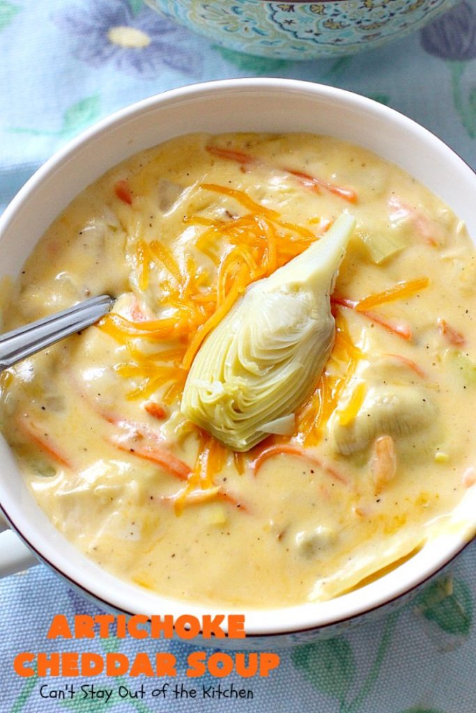 Artichoke Cheddar Soup | Can't Stay Out of the Kitchen | this #soup is comfort food at it's best & only takes 25 minutes to make! It's perfect for week nights now that weather is turning cooler. #artichokes #cheddarcheese #glutenfree
