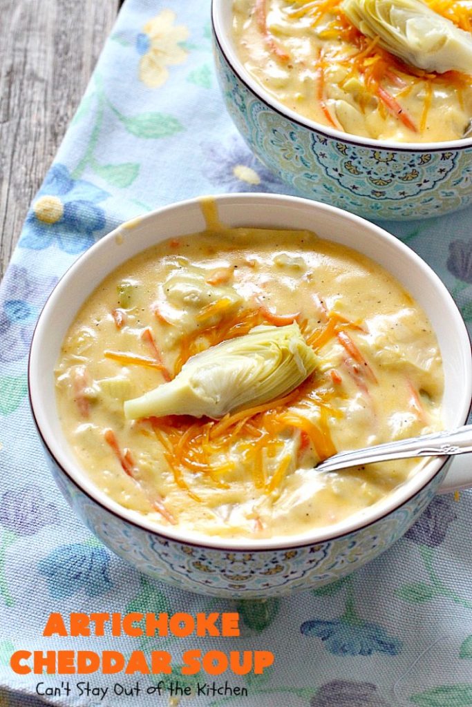 Artichoke Cheddar Soup | Can't Stay Out of the Kitchen | this #soup is comfort food at it's best & only takes 25 minutes to make! It's perfect for week nights now that weather is turning cooler. #artichokes #cheddarcheese #glutenfree