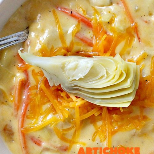 Artichoke Cheddar Soup | Can't Stay Out of the Kitchen | this #soup is comfort food at it's best & only takes 25 minutes to make! It's perfect for week nights now that weather is turning cooler. #artichokes #cheddarcheese #glutenfree