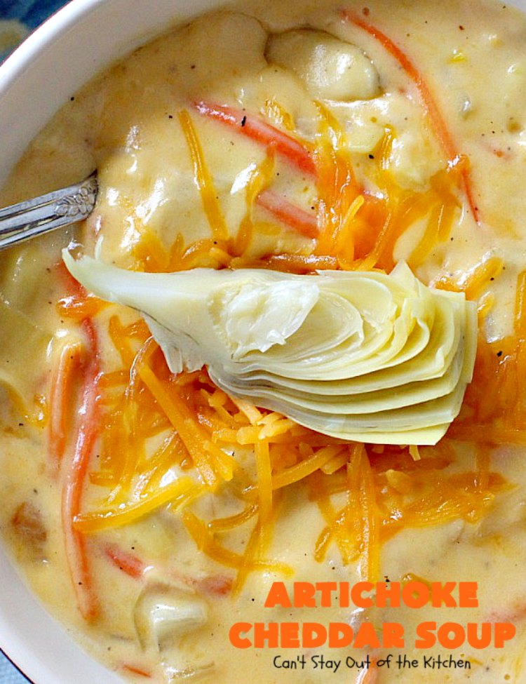 Artichoke Cheddar Soup | Can't Stay Out of the Kitchen | this #soup is comfort food at it's best & only takes 25 minutes to make! It's perfect for week nights now that weather is turning cooler. #artichokes #cheddarcheese #glutenfree