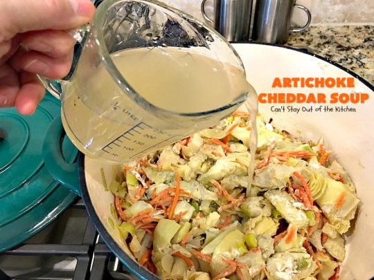 Artichoke Cheddar Soup | Can't Stay Out of the Kitchen | this #soup is comfort food at it's best & only takes 25 minutes to make! It's perfect for week nights now that weather is turning cooler. #artichokes #cheddarcheese #glutenfree