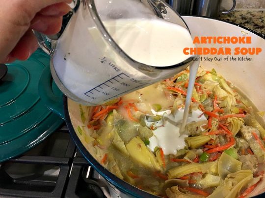 Artichoke Cheddar Soup | Can't Stay Out of the Kitchen | this #soup is comfort food at it's best & only takes 25 minutes to make! It's perfect for week nights now that weather is turning cooler. #artichokes #cheddarcheese #glutenfree