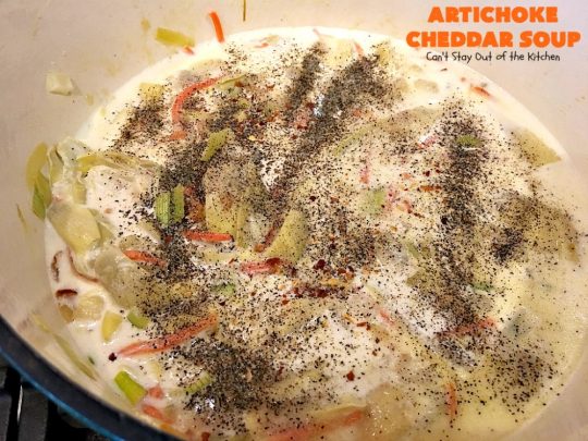 Artichoke Cheddar Soup | Can't Stay Out of the Kitchen | this #soup is comfort food at it's best & only takes 25 minutes to make! It's perfect for week nights now that weather is turning cooler. #artichokes #cheddarcheese #glutenfree