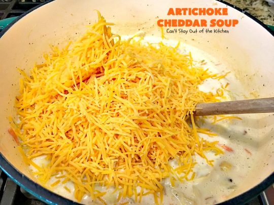 Artichoke Cheddar Soup | Can't Stay Out of the Kitchen | this #soup is comfort food at it's best & only takes 25 minutes to make! It's perfect for week nights now that weather is turning cooler. #artichokes #cheddarcheese #glutenfree