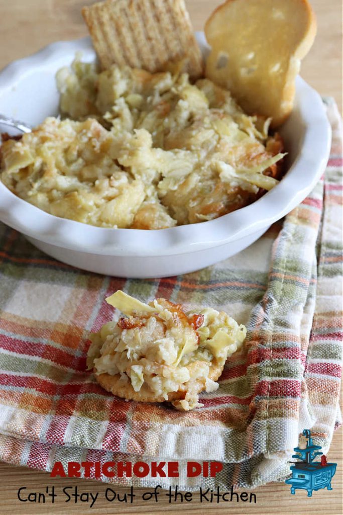 Artichoke Dip | Can't Stay Out of the Kitchen | this delicious #ArtichokeDip uses only 5 ingredients & is perfect for #NewYearsEve, #NewYearsDay, #tailgating or #SuperBowl parties. Includes #Mozzarella & #Parmesan cheeses & diced #GreenChilies to amp up the flavors. #appetizer #GlutenFree #HolidayAppetizer