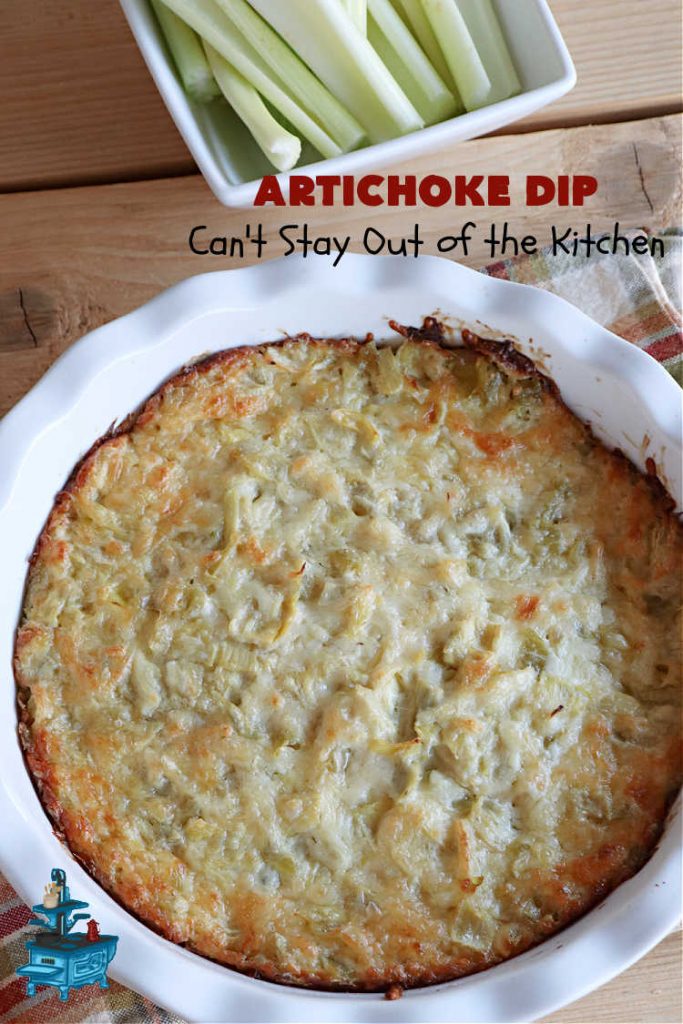 Artichoke Dip | Can't Stay Out of the Kitchen | this delicious #ArtichokeDip uses only 5 ingredients & is perfect for #NewYearsEve, #NewYearsDay, #tailgating or #SuperBowl parties. Includes #Mozzarella & #Parmesan cheeses & diced #GreenChilies to amp up the flavors. #appetizer #GlutenFree #HolidayAppetizer