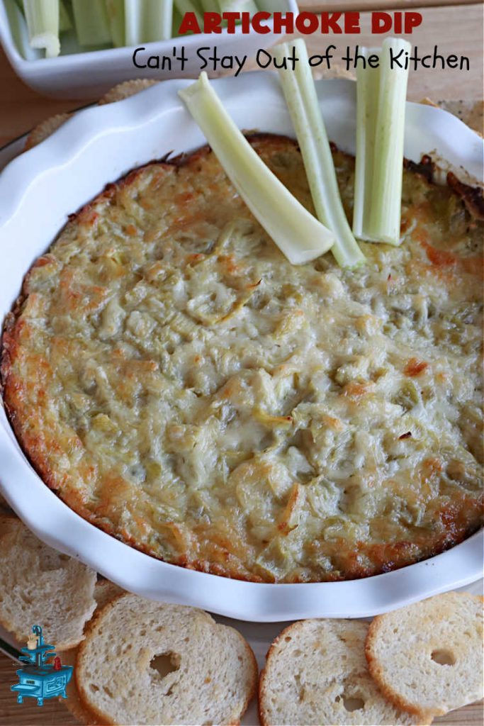 Artichoke Dip | Can't Stay Out of the Kitchen | this delicious #ArtichokeDip uses only 5 ingredients & is perfect for #NewYearsEve, #NewYearsDay, #tailgating or #SuperBowl parties. Includes #Mozzarella & #Parmesan cheeses & diced #GreenChilies to amp up the flavors. #appetizer #GlutenFree #HolidayAppetizer