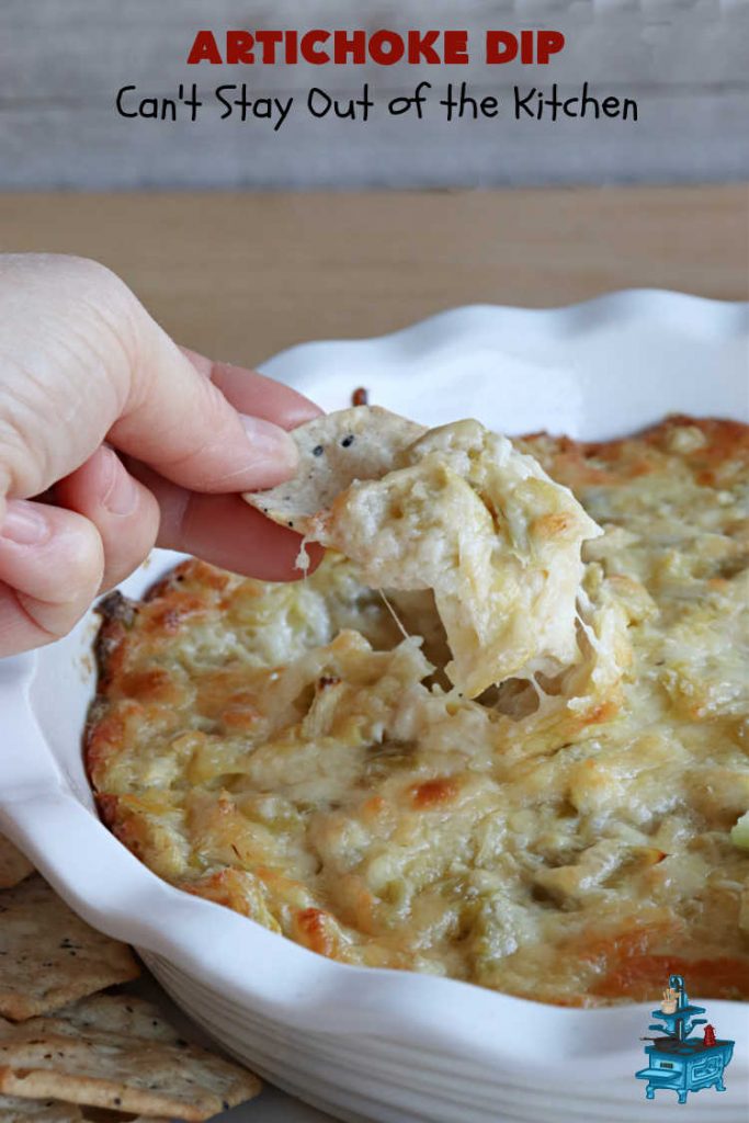 Artichoke Dip | Can't Stay Out of the Kitchen | this delicious #ArtichokeDip uses only 5 ingredients & is perfect for #NewYearsEve, #NewYearsDay, #tailgating or #SuperBowl parties. Includes #Mozzarella & #Parmesan cheeses & diced #GreenChilies to amp up the flavors. #appetizer #GlutenFree #HolidayAppetizer
