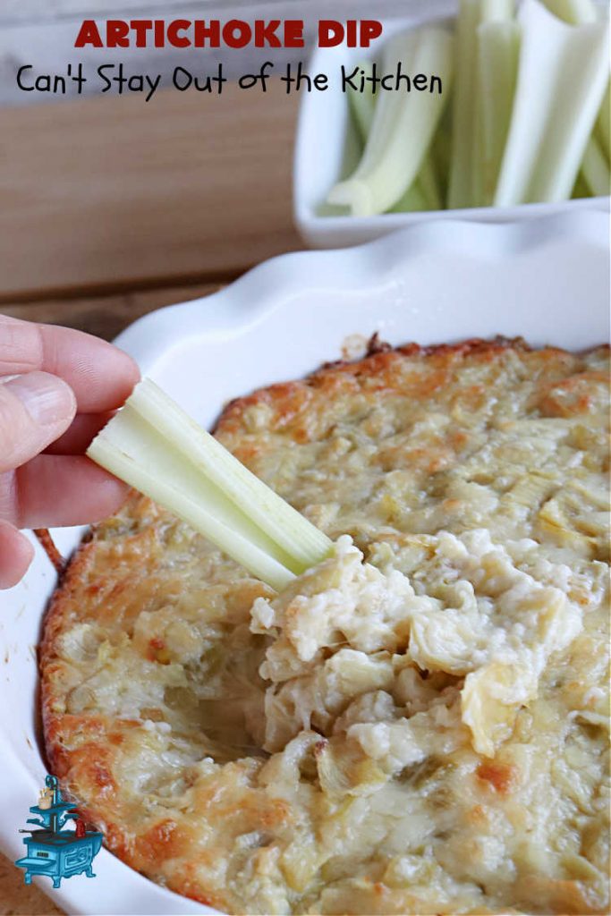 Artichoke Dip | Can't Stay Out of the Kitchen | this delicious #ArtichokeDip uses only 5 ingredients & is perfect for #NewYearsEve, #NewYearsDay, #tailgating or #SuperBowl parties. Includes #Mozzarella & #Parmesan cheeses & diced #GreenChilies to amp up the flavors. #appetizer #GlutenFree #HolidayAppetizer